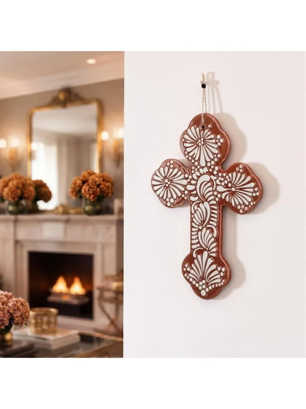 Mexican Talavera Ceramic Wall Cross Decor - 6.7x5.1 Inch Christian Art for Home